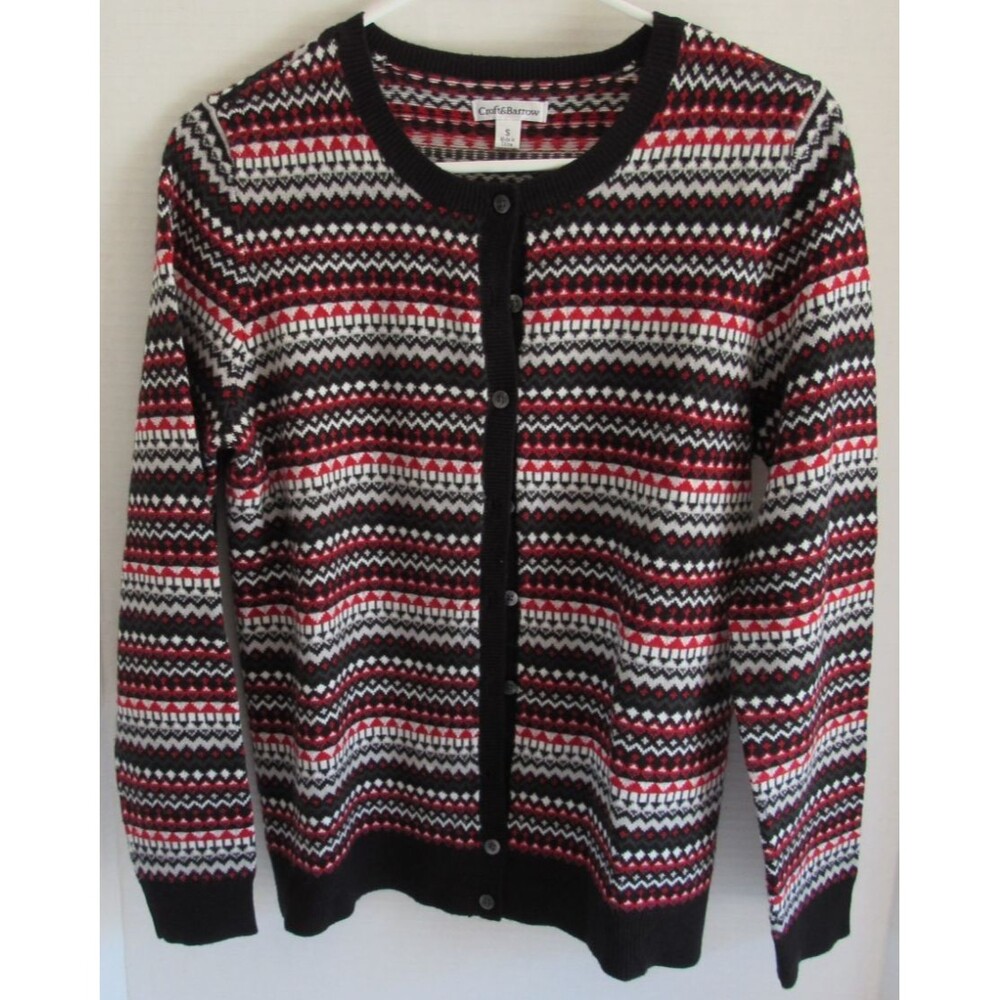 Croft & Barrow Fair Isle Button Lightweight Cardigan Black/Red/Gray/White Size S